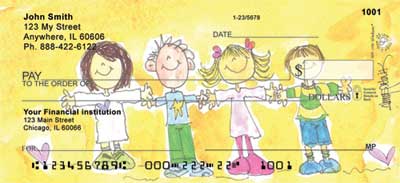 days.  Children holding hands on this yellow background check show love with the hearts in the background.