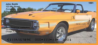 Pony Cars is the title of these checks.  With four rotating images of these high horsepower cars, it is sure to please and car lover.