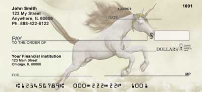  Moonlit Unicorns Personal Checks.  These mythical creatures a pictured against a moonlight backdrop for your banking pleasure.