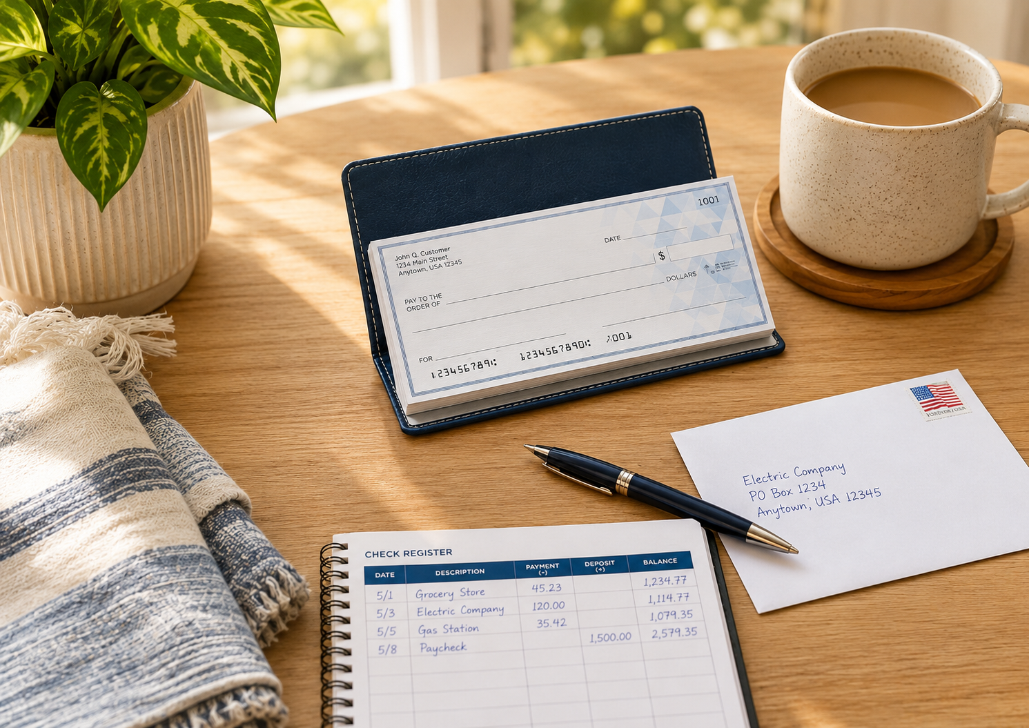A neatly arranged home finance setup featuring a checkbook, budgeting journal, pen, and unopened bills on a wooden table. Natural light, a coffee mug, and a houseplant create a calm environment for managing household expenses and financial planning.