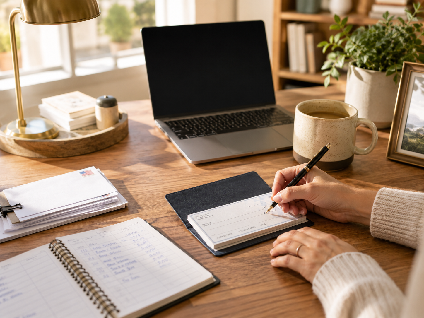 A person managing personal finances at a home office desk, writing a check while reviewing bills and account records. A laptop, calculator, coffee mug, and financial documents create an organized budgeting and bill-payment workspace