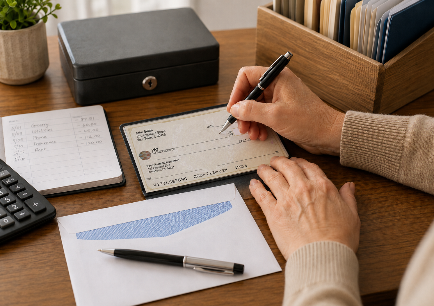 A person writes a personal check at a tidy desk with a check register, calculator, envelope, and lockbox nearby. The image highlights traditional check writing, personal budgeting, and secure payment management at home.