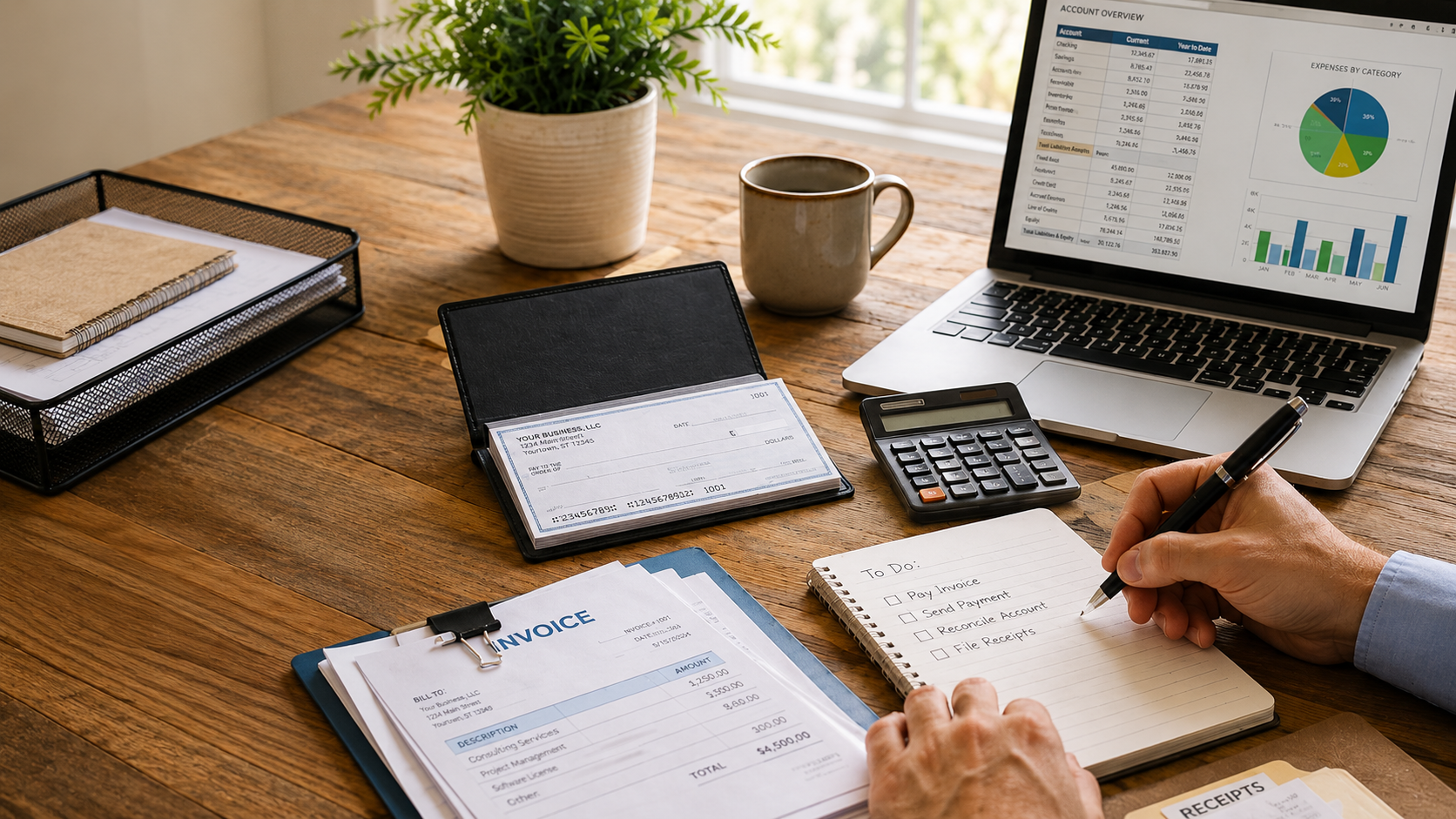 A business workspace featuring a checkbook, invoices, calculator, laptop with financial reports, and a task list. The image highlights organized business finances, payment management, bookkeeping, and the continued use of business checks for everyday operations.