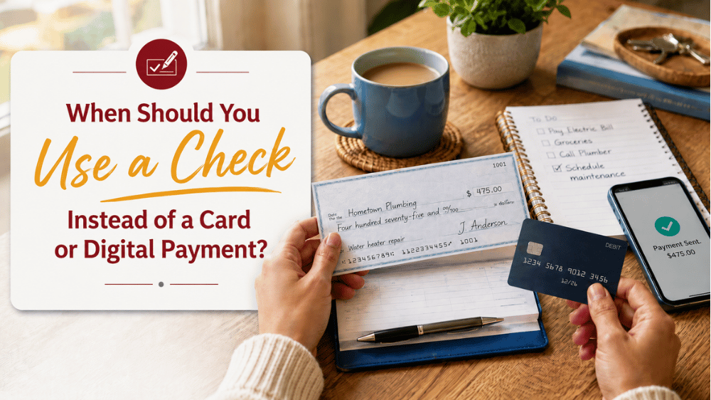 A person compares payment options at a desk, holding a paper check in one hand and a debit card in the other, while a phone displays a completed digital payment. The image highlights situations where checks may be preferred over cards or electronic payments.