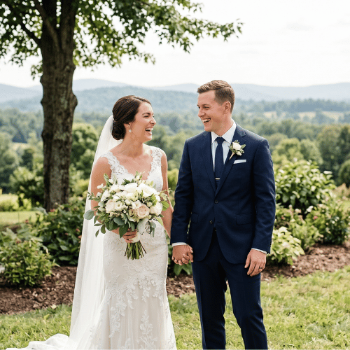 An elegant, candid photograph of a bride and groom laughing together during an outdoor summer wedding.