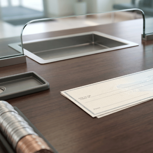 A personal check kept on brown desk
