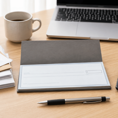 The image features an open, blank business checkbook on a light wooden desk, surrounded by a pen, a stack of envelopes, a mug of coffee, and a laptop.